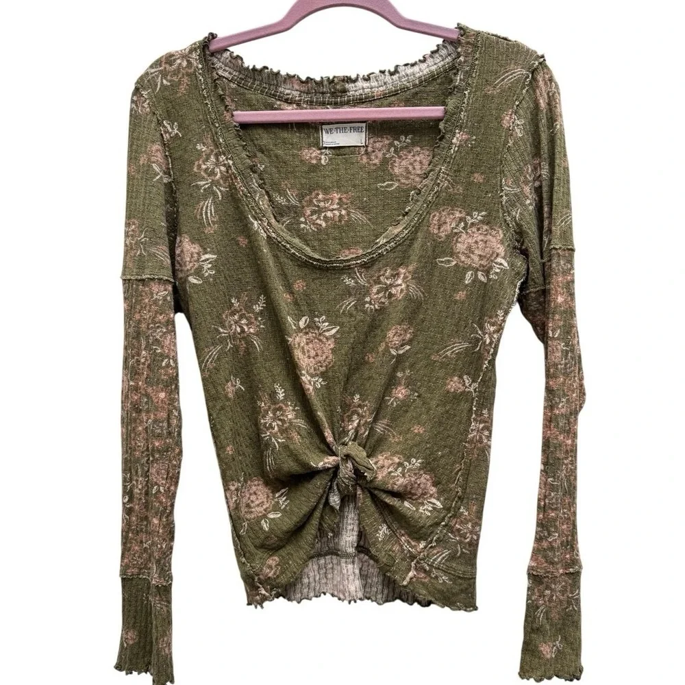 Free People We The Free Front Knot Floral Thermal Top Olive Green Size L‎ Boho